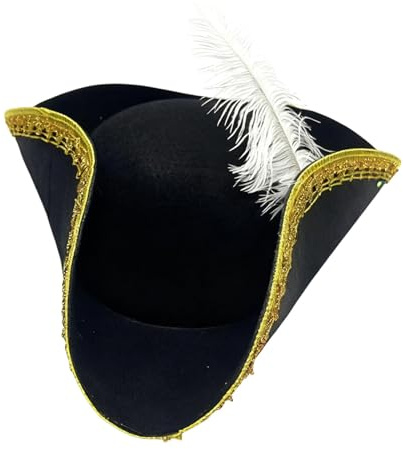 MotiveTech Piratenhut für Erwachsene, Halloween Piratenmütze, Dreispitz mit Feder, Kolonialstil Mittelalter Accessoire, Vintage Piratenkostüm Accessoire für Themenparty, Cosplay, Karneval