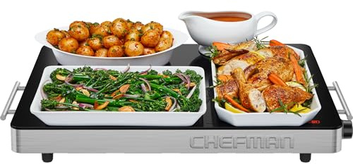 Chefman Electric Warming Tray with Adjustable Temperature Control, Perfect for Buffets, Restaurants, Parties, Events and Home Dinners, 53 x 41 cm Glass-Top Surface Keeps Food Hot – Stainless Steel