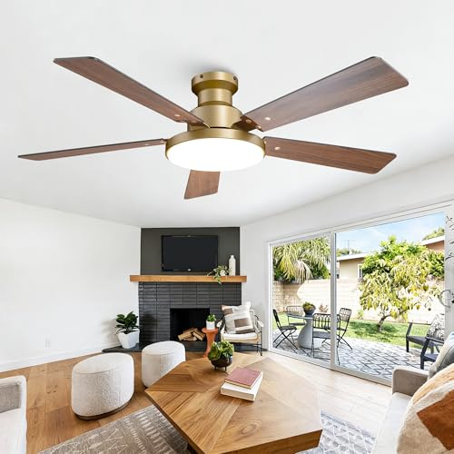 CalorHoga 52 Inch Low Profile Gold Ceiling Fans with Lights and Remote/App | 12.2'' Large 3CCT LED Light Panel, Flush Mount, 6-Speed Quiet Motor Modern Black and Gold Ceiling Fan for Bedroom Living Room
