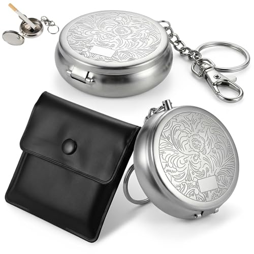 Taschenaschenbecher 3er Set, Mini Aschenbecher Edelstahl mit Schlüsselanhänger & Tasche, mobiler Reiseaschenbecher für Auto, Camping & Outdoor Aktivitäten
