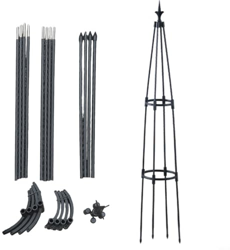 Support d'obélisque de jardin, treillage tour de 130 cm pour plantes grimpantes, cadre en fer revêtu de plastique pour roses, tomates en plein air, noir (bourgeon de fleurs blanc)