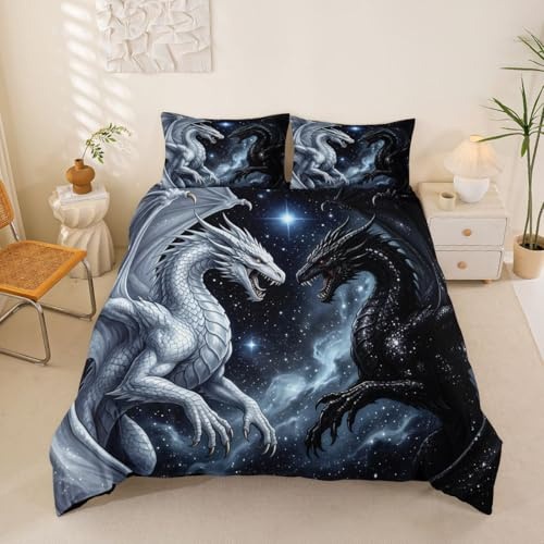 Loussiesd Dragon Housse de Couette 200x200cm Noir Blanc Dragon Parure de Lit Garçons Filles Chambre Décor 3 Pièces Vintage Animaux Literie Set Respirant Doux Léger Microfibre