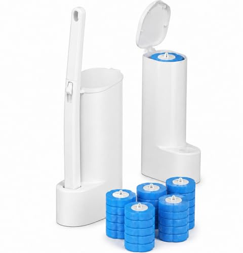KINDLUME 2 Pieza Sistema de Limpieza de Cepillo de Inodoro Desechable, Escobilla de Baño con Soporte, Kit de Inicio de Varita, con 24 Almohadillas de Repuesto, Aroma a Mar, para Baño, Aseo