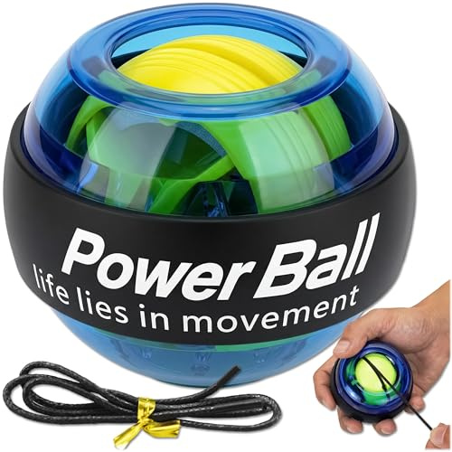 KRUMAD Powerball Handtrainer, Gyro Ball Handgelenk Trainer, Wrist Ball | bis 8000 U min, LED-Lichtfunktion, Automatischer Widerstand, Akupressur, Start per Schnur, Massageeffekt, 6-7cm, ABS, Blau