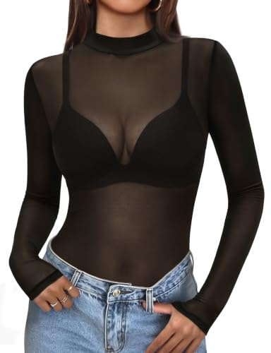 Zeagoo Haut Transparent Femme Tee Shirt Manche Longue Sexy Top en Maille | Blouse Elegant Mesh Tops col Montant Chemisier XS-XXL