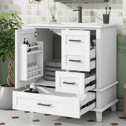 Zepneiy Meuble Salle de Bain avec Vasque, Armoire Salle de Bain avec 3 tiroirs Silencieux, Meuble Bas Blanc 76x46x83,5 cm avec Vasque intégrée en céramique (sans Robinet)