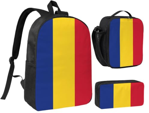 Tianbaozdp Flag of Romania Print Backpack 3 PCS,With Insulated Lunch Bag Zippered Pencil Case,17in backpack