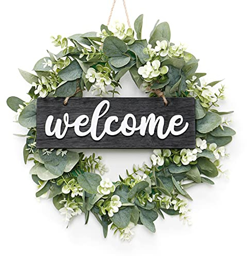 SOMYTING Artificial Eucalyptus Wreath with Wooden Welcome Sign,16 Inch Welcome door wreath Spring wreaths for front door Wall Hanging Accessories Summer Wreath (Brown Sign)