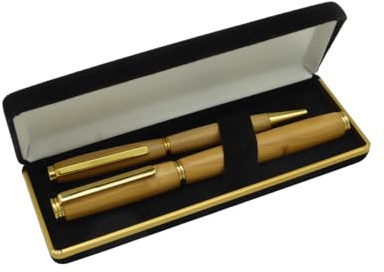 Drechselstube-Hofweller Set Kugelschreiber und Füller handgedrechselt aus Edelhölzern, Schreibset, Unikate (Eibe, gold)