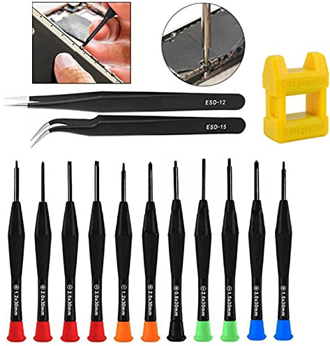 WUBAYI Lot de 14 tournevis pour lunettes avec 2 pinces, magnétisseur et sac de rangement