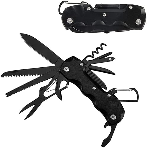 Taozoey Couteau de poche 12 en 1, outil de poche, outil multifonction pliable avec décapsuleur, couteau, tournevis, lime, scie, pince et sac (noir)