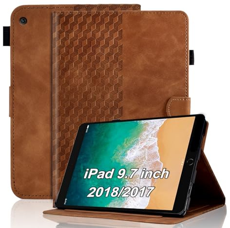 Vkooer Hülle für iPad 9.7 Zoll 2018/2017 (iPad 6./5. Generation ) Schutzhülle PU Leder Folio Cover Case Würfel mit Stifthalter Kartentasche，auch für iPad Air 2/Air 1 Tablette, Braun