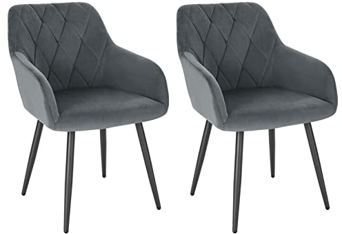 WOLTU 2er Set Esszimmerstühle mit Armlehne Rückenlehne, für Esszimmer Wohnzimmer Küche, Bequeme Küchenstühle gepolstert mit Samtbezug, Metallbeinen, Dunkelgrau