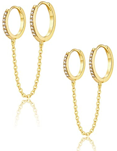 Creolen Silber 925 für Damen, Doppel Piercing Ohrstecker Creolen mit Hängender Kette | Ohrringe Gold mit Zirkonia Silber Schmuck Huggie Creolen Geschenke für Frauen Mädchen Herren