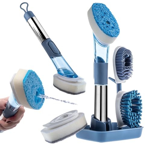 KADAX Spazzola multifunzione con 4 testine per spazzole, spazzola per lavare i piatti con dispenser per detersivo, spazzola da cucina, spazzola per piatti e dispenser di sapone (blu)