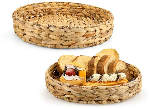 YKUKIZEE 2 Pack Round Water Hyacinth Serving Trays, Handmade Water Hyacinths Woven Storage Baskets Natural, Shallow Water Hyacinth Rattan Serving Tray for Breakfast Coffee Dining Bread Fruit 32, 28 cm