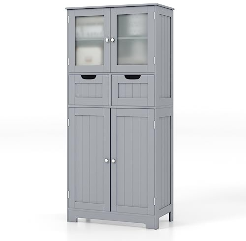 COSTWAY Armario de Baño de Suelo con 4 Puertas, Gabinete de Baño Independiente con 2 Puertas de Vidrio, 2 Cajones y Estantes Ajustables, Organizador Multifuncional para Cocina, Salon (Gris, 2 Cajones)