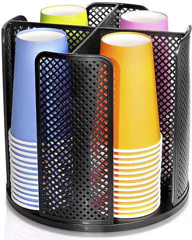 Wymulot Rotating Paper Cup Dispenser, Cup Holder with 4 Compartments, Disposable Coffee Cup Dispenser Removable, Plastic Cup Storage & Lid Holder for Countertops, Kitchen, Coffee Stations (Black)
