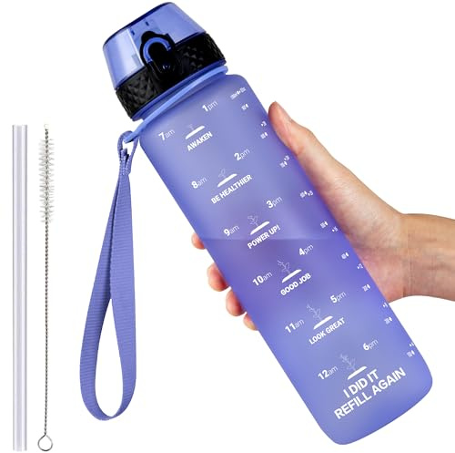 GOPPUS Borraccia in Tritan da 1 l, con finitura opaca morbida, a prova di perdite, con tappo ribaltabile, bottiglia motivazionale con tacche orarie, per adulti, priva di BPA, viola