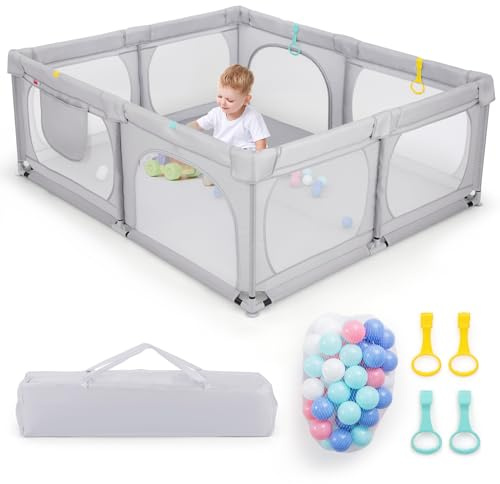 COSTWAY Parque Infantil Grande190 x 158 cm con 4 Anillas y 50 Bolas Oceánicas, Puerta con Cremallera y Malla Transpirable, Bolsillo y Bolsa de Transporte, para Bebés de 0-3 Años (Gris Claro)