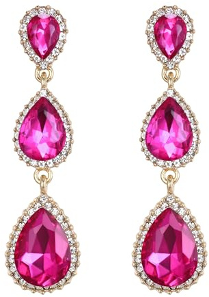 Clearine Women's Gorgeous Costume Earrings Teardrop Crystal Long Drop Dangle Pierced Earrings for Wedding Party Prom Hot Pink Gold-Tone