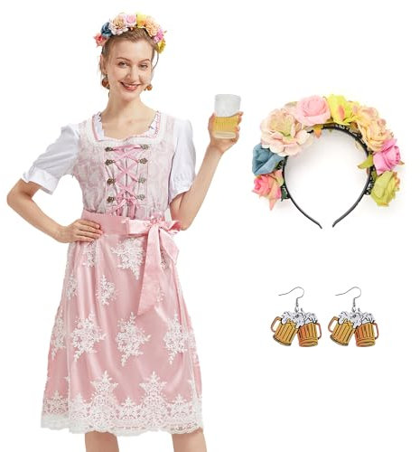 Ezuwail 5 pezzi Dirndl da donna in rosa, Dirndl, abito corto da Oktoberfest, Dirndl a buon mercato, abito da donna composto da camicetta, grembiule, orecchini e ghirlanda di fiori, Colore: