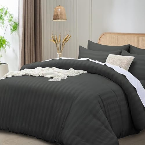 funky gadgets King Size Duvet Cover Sets Charcoal, Microfiber Satin Stripe Duvet Cover Luxury Hotel Bedding Set with Pillowcases Breathable Ultra Soft Reversible Quilt Covers.