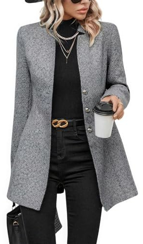 ebossy Women's Casual Business Herringbone Wool Blend Blazer Jacket Notched Collar Button Down Slim Long Sleeve Dress Coat (XXL, Light Grey)