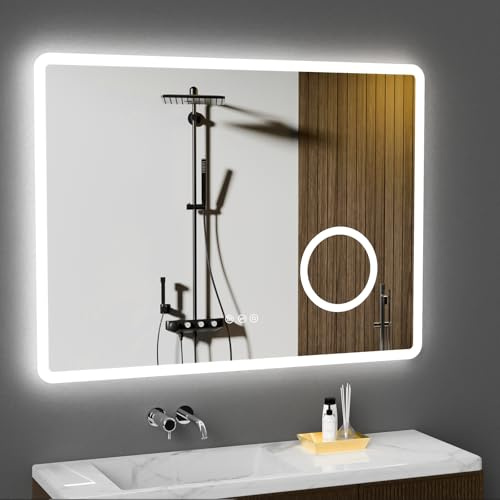 GIMBELEN Spiegel mit Beleuchtung 80 x 60 cm – 3-Fach Vergrößerung, 3 Lichtfarben,Dimmbar, Antibeschlag, Rasiersteckdose, Speicherfunktion, IP44 Wasserdicht, Horizontal/Vertikal