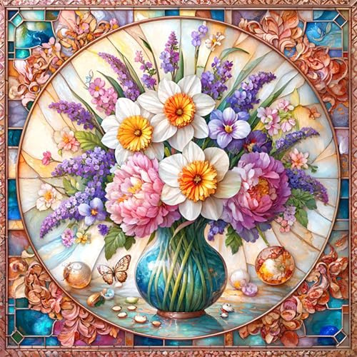 JATOK Paint by Numbers for Adults, Flower, 40 x 40 cm, Unframed | clear-symbol pre-printed canvas, acrylic painting kit, beginner DIY craft, unframed wall décor, 16 x 16 in