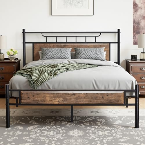 VECELO Cadre de Lit 140x190 cm, Sommier Plateforme Double avec Tête de lit en Bois, Support à Lattes en Acier de Qualité Supérieure, Rangement sous Le Lit, Assemblage Facile, Marron