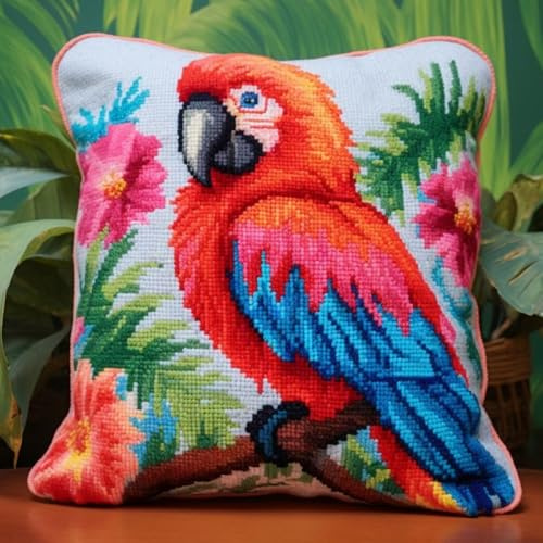 Kitquiver Knüpfkissen Mit Vordruck Bunte Papageien Und Blumen Diy-Knüpfhäkel-Sets,Kissenbezug,Stickerei,Stricken,Geschenk Für Erwachsene/Anfänger B 17x17In