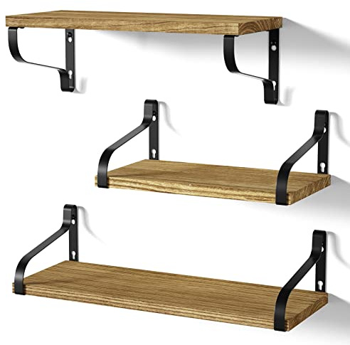 Love-KANKEI Wandregal Holz Bücher Regal Wand 3er Set, Braun 43/35.5/29cm | Vergrößt Küchenregal Hängend Schweberegal Holzregal U-Form Ideal für Küche Kinderzimmer Wohnzimmer Badezimmer