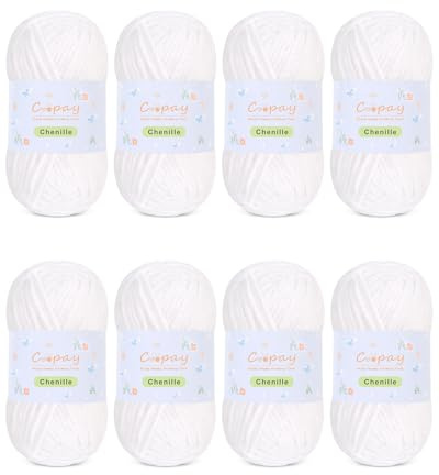 Coopay Chenille Yarn for Crocheting/Knitting, 8 Pack Medium Worsted Weight Yarn of 50g/1.76oz - Total 520yd, Soft Velvet Crochet Yarns for Plush Toys, Baby Blankets, Scarves (White)