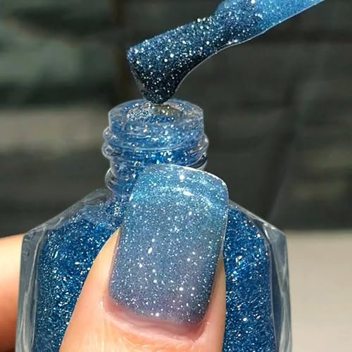 Glitter Nail Polish - Lake Blue Sparkly Iridescent Nail Polish - Shimmer Rainbow Blue Nail Varnish Quick Dry - Breathable Holographic Nail Varnish - Chip Resistant for Women DIY Manicure