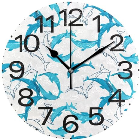 Kutsu Scale Dolphins Wall Clock Silent Non Ticking, Battery Operated Round Clock 10 Inch for Home Bedroom Living Room Kitchen Office School Classroom, Black