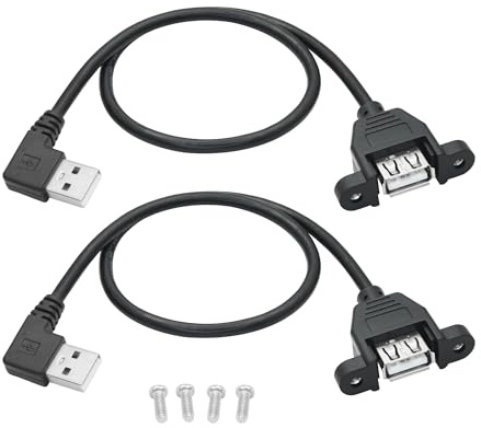Riertostng 2 Pcs 90 Degree USB A Panel Mount Extension Cable 1FT, USB 2.0 Type A Male to Type A Female, 5V 2A Supports Charging and Data Transmission, with Screws,for USB Equipment (Right Angle)