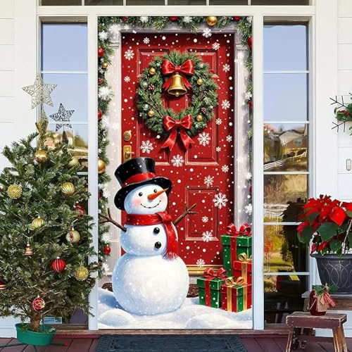 FOSDICK Decoración de Cubierta de Puerta de Navidad, Decoración Navideña para Puerta Cubierta y Principal con Motivo de Muñeco de Nieve en Tela 180 x 90 cm, para Festival Fiesta Adorno