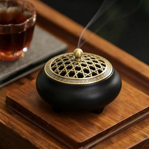 Bruciatore di Incenso in Ceramica Vintage, con Coperchio in Metallo, Cotone Ignifugo, Supporto per Incenso/Bastoncino/Cono/Spirale, Porcellana Cinese per Casa, Soggiorno, Meditazione, Decorazione
