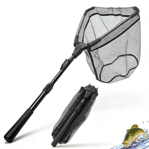Retino da Pesca, Retino Telescopico 90cm, Rete da Pesca Pieghevole, Retino per Pesca Compatto e Pieghevole, 2 Sezioni Telescopiche per Pesca all'aperto, Acquario, Galleggiante per Laghetto (Nero)