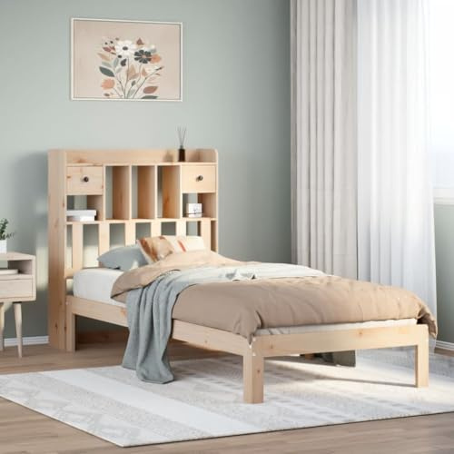 sephironlbb Massivholzbett Kiefer 100x200 cm mit integriertem Regal Kopfteil, robustem Lattenrost, Stauraum für Bücher, ideal für kleine Schlafzimmer