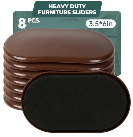 Oval Furniture Sliders 8Pcs 3 1/2 x 6, Heavy-Duty Reusable Furniture Movers Sliders for Hardwood Floors, Carpet, Furniture Moving Sliders to Easily Move Heavy Furniture & Protect Floors(Brown)