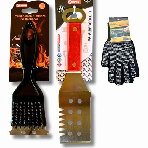 Kit Barbacoa 4 en 1 - Cepillo de Limpieza para Parrilla con Rascador de Acero Inoxidable + Espátula Multiusos con Abrebotellas - Mango de Madera + Guantes - Accesorios BBQ - Regalo Asador