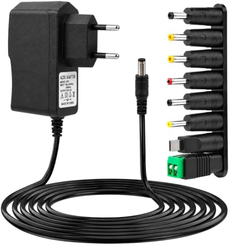 6 V 2 A nätadapter med 8 x AC-kontakter 240 V till DC 5,5 x 2,1 mm | för 500mA 1000mA 1500mA 2 000 mAh, stabil strömförsörjning laddare för LED CCTV-router, kamera, blodtrycksmätare leksaker