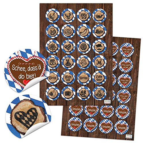 Bayern Aufkleber, 48 Stück: Oktoberfest Sticker, Bayerische Deko, Brezeln, Bierkrug, Tracht, Text, Karten, Tischdeko, Geschenke, Geburtstag, Party, Wiesn Dekoration, Oktoberfestdeko Bayerisch, ⌀ 4 cm