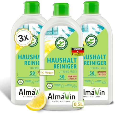 AlmaWin Haushalt Reiniger [3x 500ml] zur Reinigung & Pflege wasserfester Oberflächen - Allzweckreiniger mit Zitronenduft - Universal Reiniger Konzentrat - Entfernt Schmutz, Fett & Staub - Bio & VEGAN