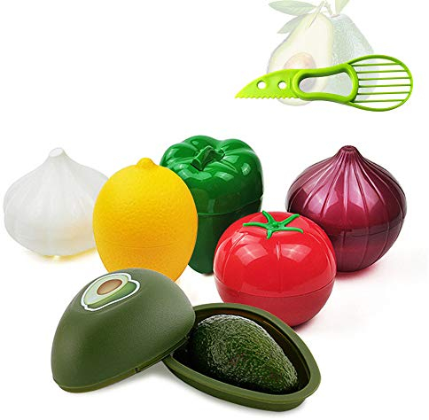 Classic Lebensmittel Savers, Set 6 - Gemüse geformte Protektoren - Avocado, Zwiebel, Pfeffer, Knoblauch, Zitrone, Tomate- wiederverwendbar Harte Kunststoff Container Schale mit engen Dichtung
