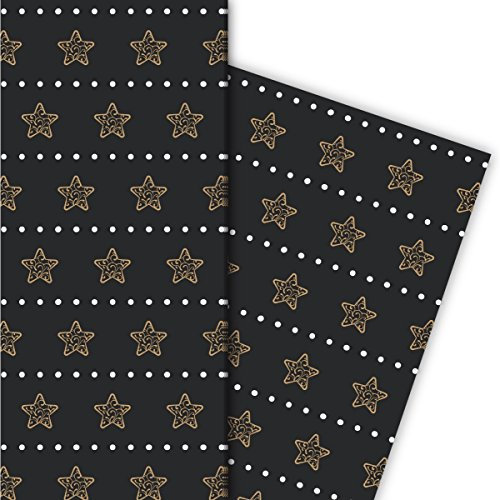 Kartenkaufrausch Schönes Streifen Weihnachtspapier, Geschenkpapier Set zu Weihnachten mit Ornament Sternen, grau schwarz, für tolle Geschenk Verpackung, Designpapier, 4 Bogen, 32 x 48cm