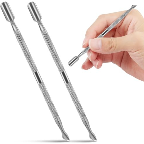 2 Pcs Cuticle Pusher Cutter and Remover, Professional Double Ended Stainless Steel Dual Head Cuticle Pusher Tool Nail Care Polish Remover Cuticle Trimmer, Durable Manicure and Pedicure Tool (Silver)