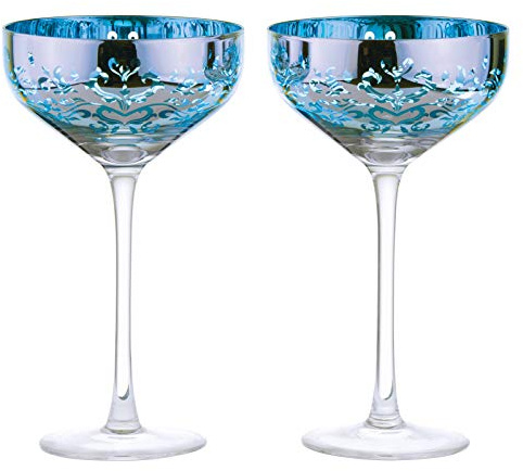 ARTLAND - Set of 2 Filigree Champagne Saucers I Blue Electroplated Glasses, Mirrored Silver Finish, Gift Boxed Packaged Champagne Glass Set…